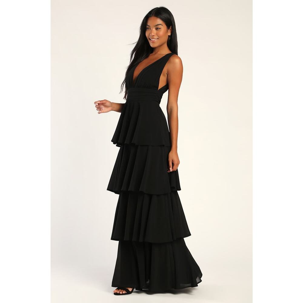 Lulus Amazing Evening Black Tiered Maxi Dress Chiffon Formal Evening Medium NWT - Picture 4 of 11
